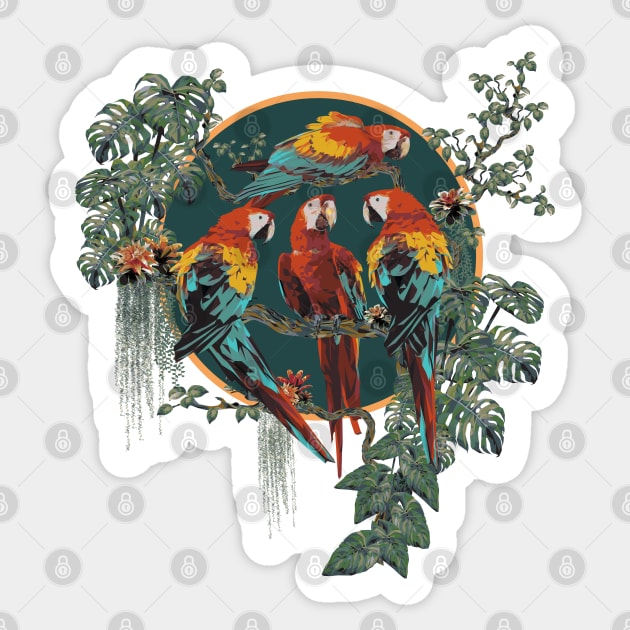 Polygonal Illustration of  scarlet Macaw birds with Amazon plants Sticker by Lewzy Design
